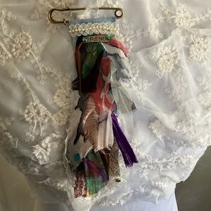Handmade Fiber Art Mixed Media Denim Scrap Brooch Pin 6 inches long